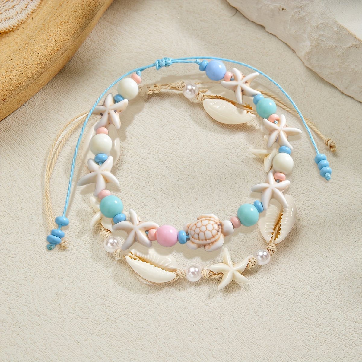 2pcs Beach Style Double Layered Starfish Turtle Anklet Set
