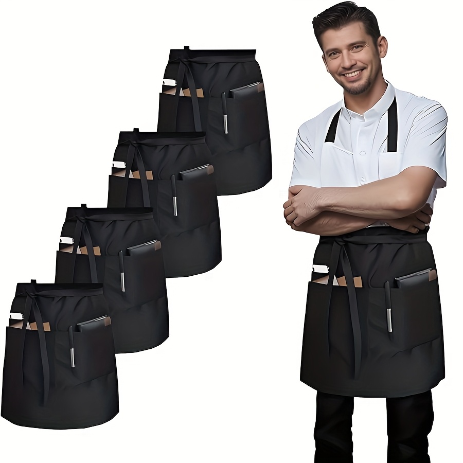4pcs Short Server Aprons, Black Waist Apron with 3 Pockets, Suitable for Male and Female Servers in Cooking, Dishwashing, Cleaning, Painting, Gardening, and Grilling