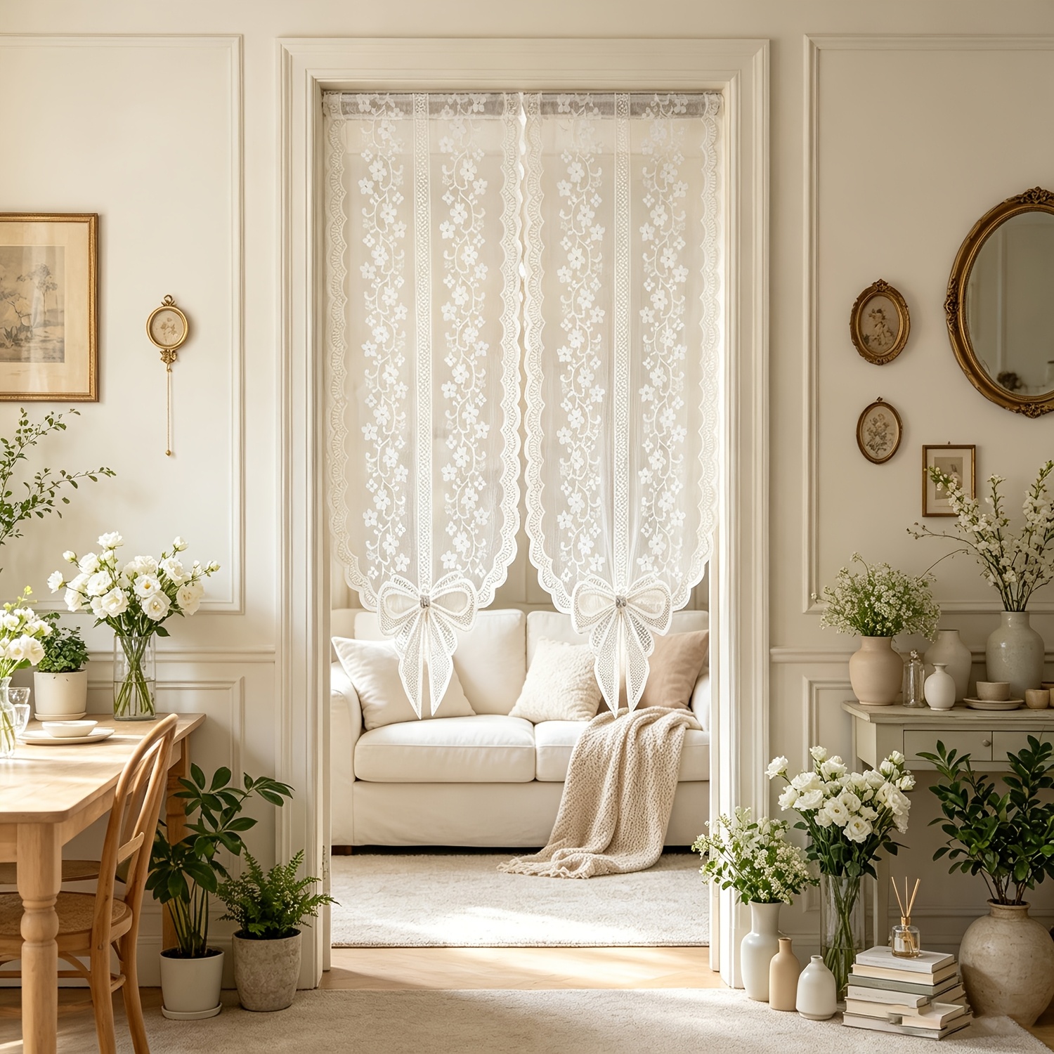 TEMU 2 Panneaux Rideaux de Porte Floraux Romantiques Français pour Couloir Élégant Filtrage de Lumière Rideaux de Fenêtre Bordure Gaufrée Poches pour
