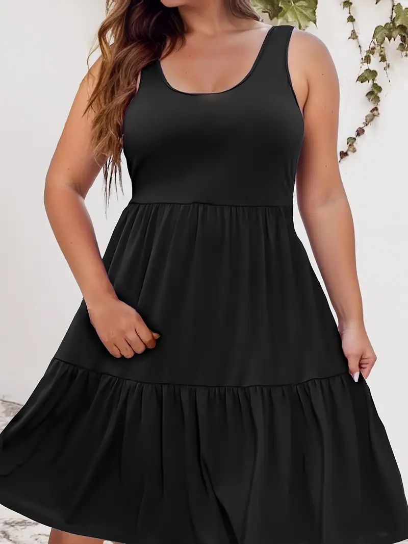 casual sleeveless round neck plus size dress Plus Size Sleeveless Crewneck Tank Dress-Black, 4XL