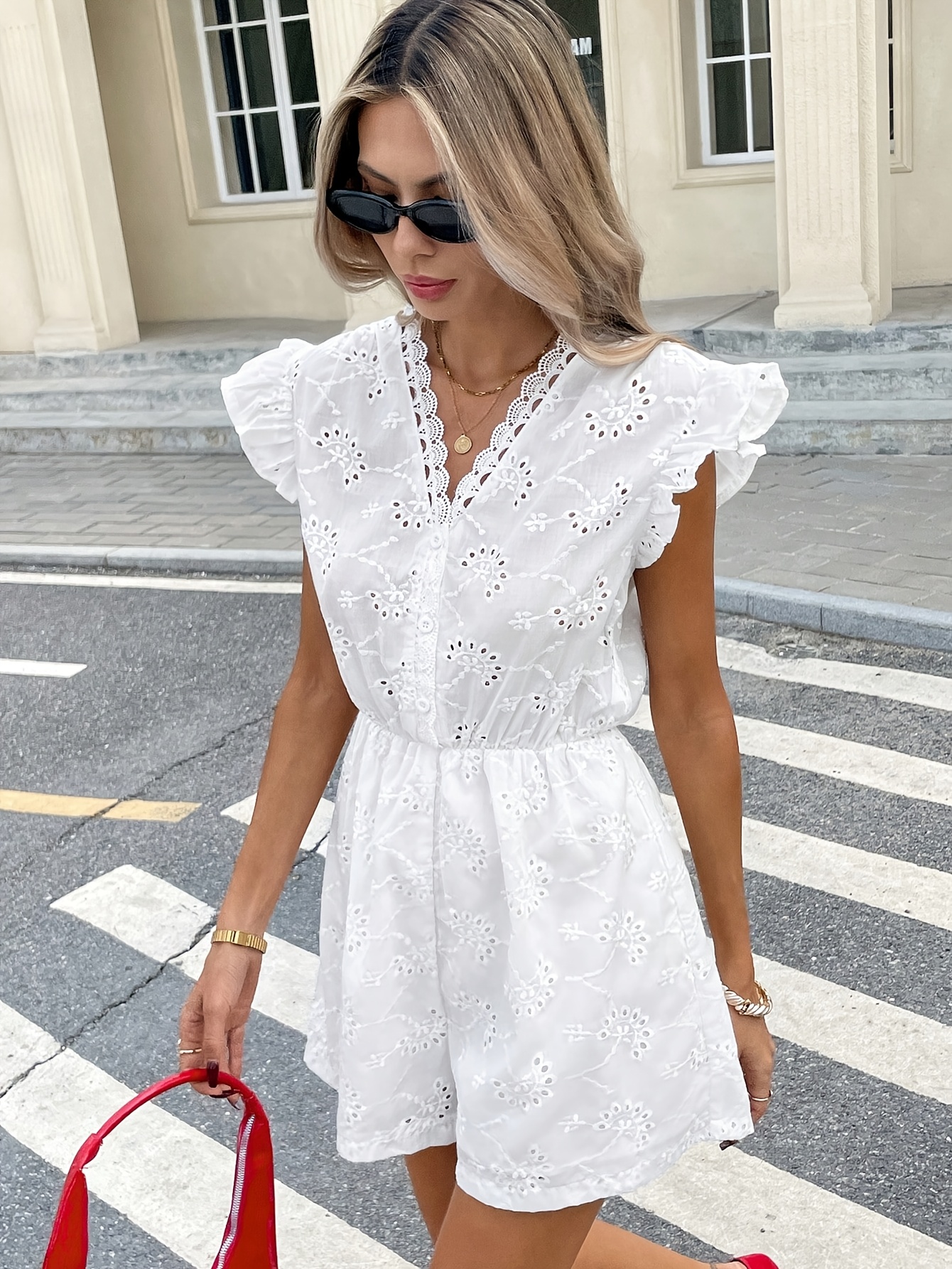 womens elegant white lace v neck embroidered jumpsuit ruffle