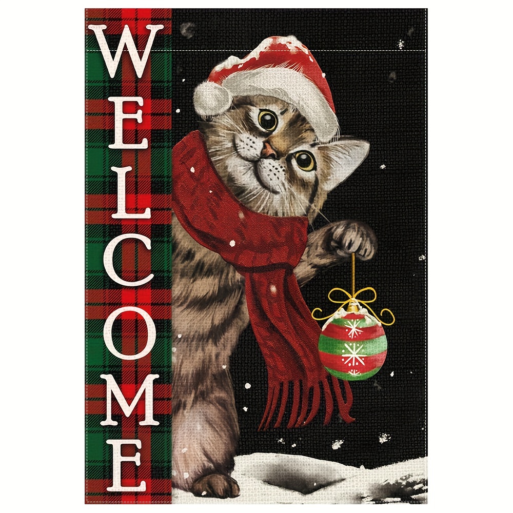 TEMU 1pc, Welcome Christmas Cat With Scarf Garden Flag, Double Sided Garden Yard Flag, Home Decor, Outside Decor, Yard Decor, Garden Decor, Holiday