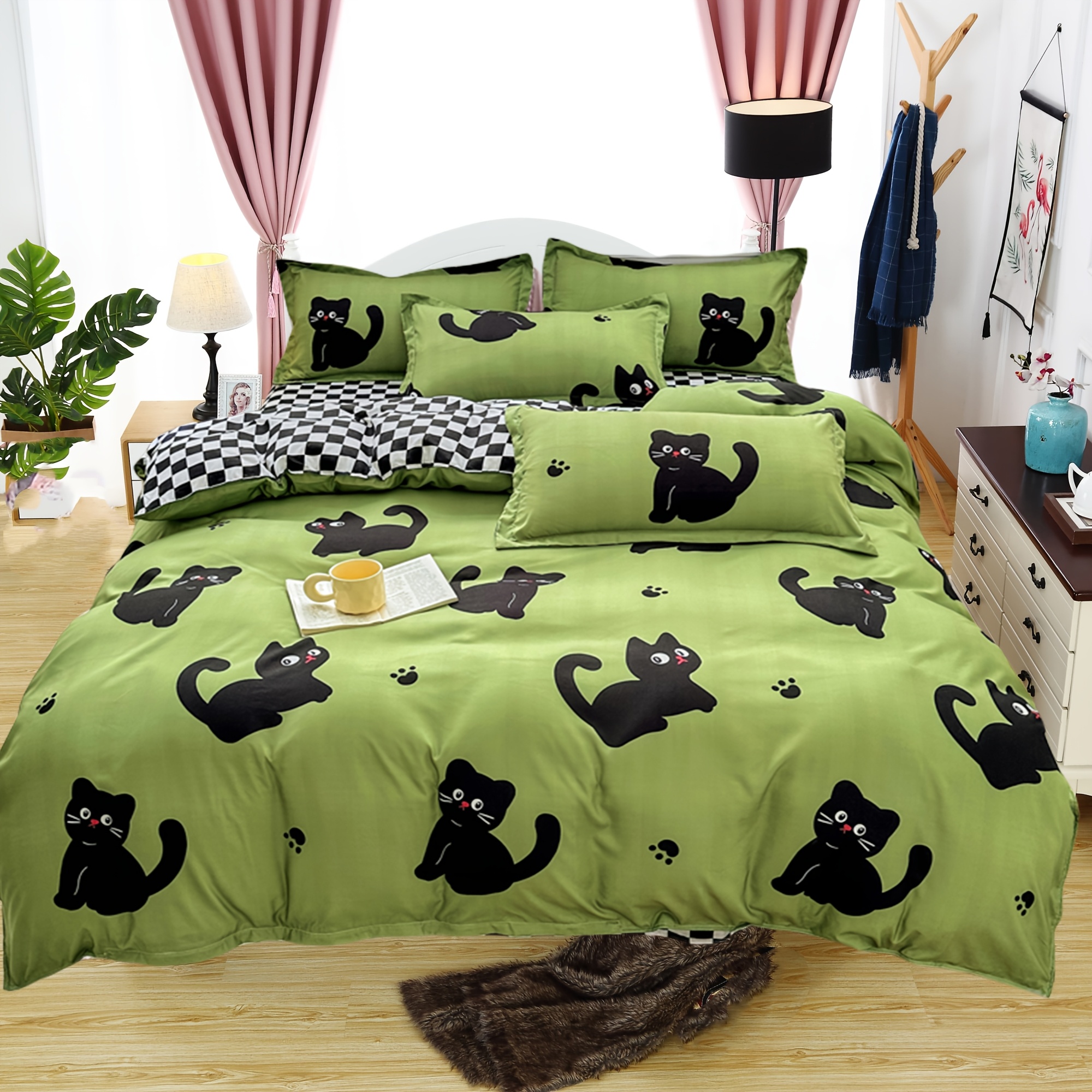 

Green Cartoon Kitten Cute Cat Quilt Cover Pillowcase Set