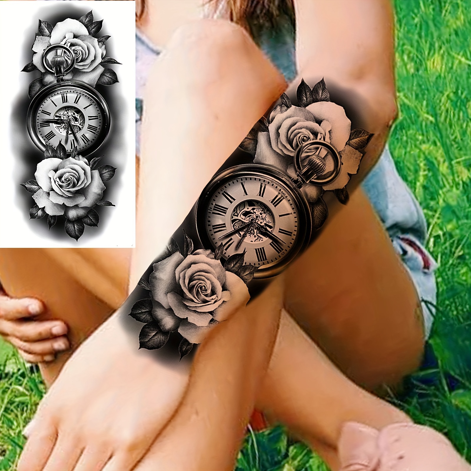 

Realistic Black Clock & Floral Temporary Tattoo Sticker - Waterproof, Long-lasting Arm, Leg & Body Art For Adults