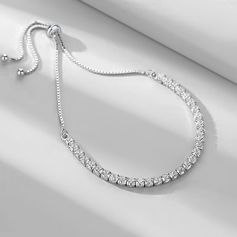 

1pc Stylish And Minimalist Style Tennis Bracelet Silver Plated Micro Inlaid Zirconium Decor Slider Bracelet Full Rhinestone Claw Chain Adjustable Bracelet