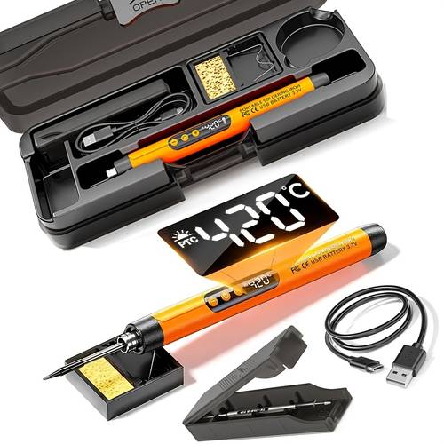 zweckmäßiges lötkolben-set mit usb- oder batteriebetrieb, lcd-display, 3-stufig einstellbarer temperatur, lötständer, aufbewahrungsetui, heizelement lötkolben