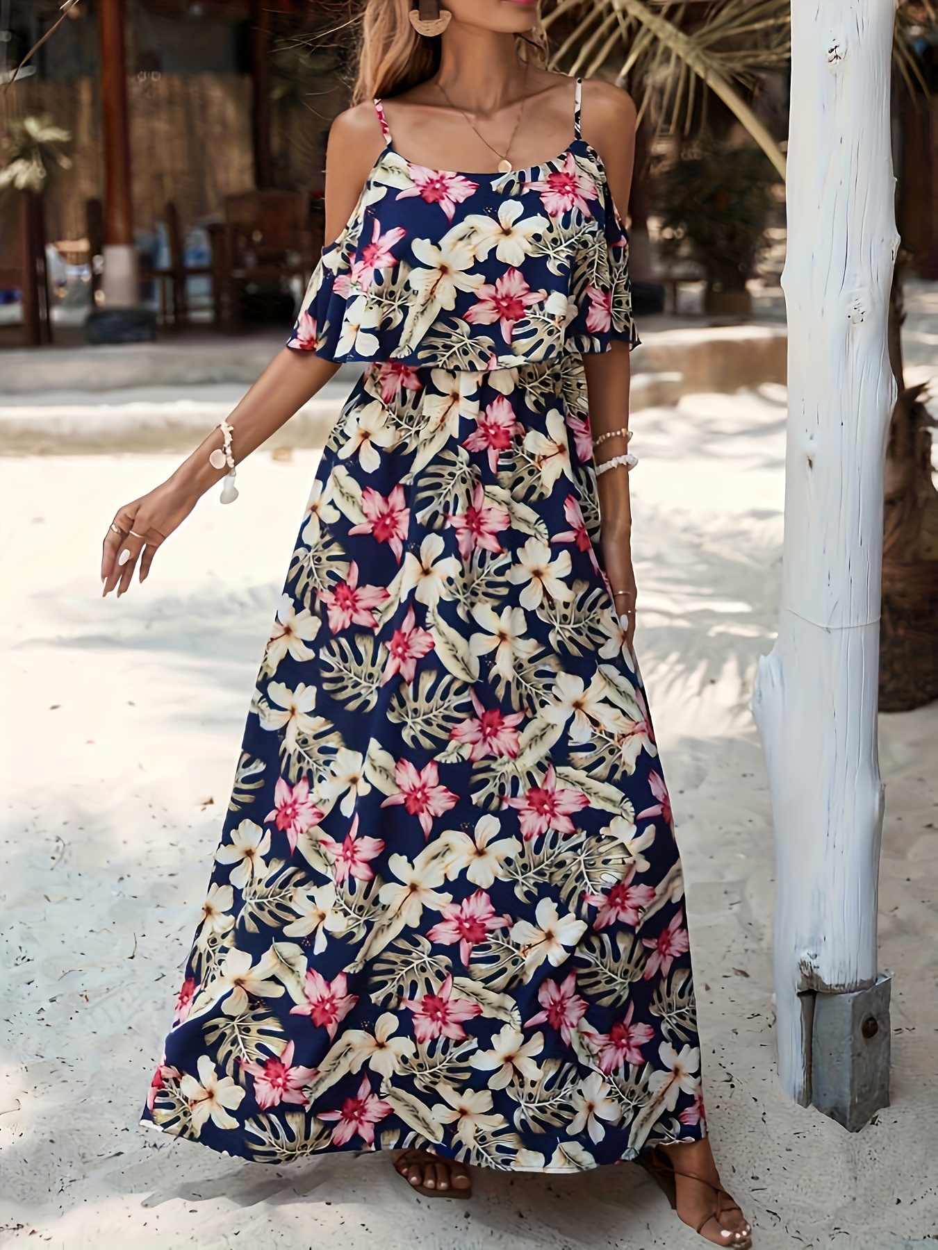 women's elegant shoulder floral print maxi dress navy blue Temu
