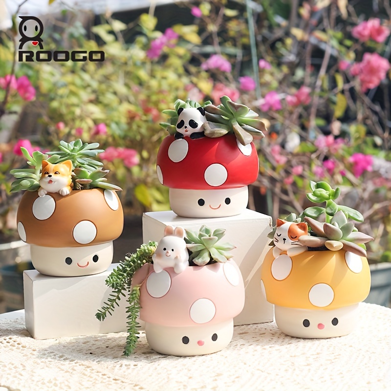 1pc * Cute Animal & Mushroom-Shaped Resin Planter Pot - Whimsical Succulent  & Small Flower Holder with Drainage Hole * Indoor/Outdoor Garden Decor *  Ornament, Plants for Home Decor