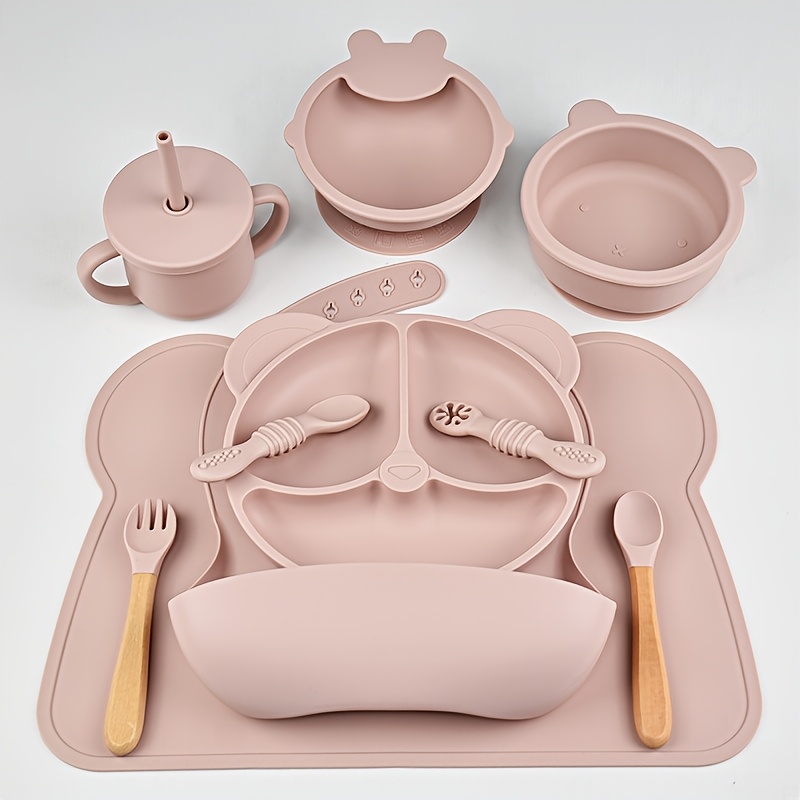 10pcs Of Baby Tableware Set For Boys And Girls, Silicone Plates, Rice Paste Spoons, Forks, Food Tools, Complete Set For Children's Self-learning, Eating Bibs, Meal Mats, And Food Bowls