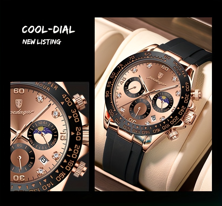 s waterproof quartz watch rose golden luminous calendar timer silicone strap business fashion style ideal for students professionals details 10