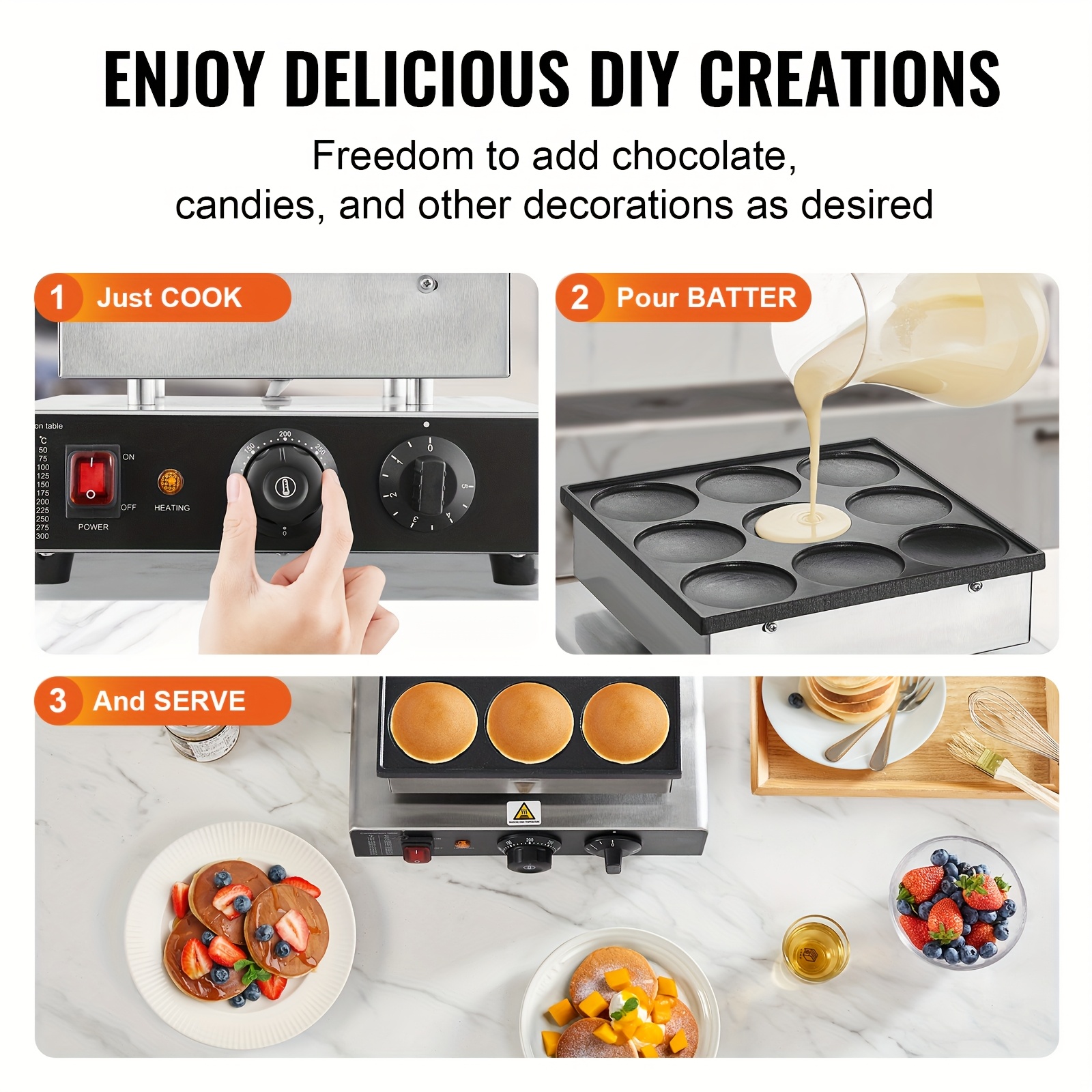 dutch pancake maker 9pcs 76mm diameter   baker machine 850w   poffertjes grill non stick stainless steel temperature and time contro Product details 0