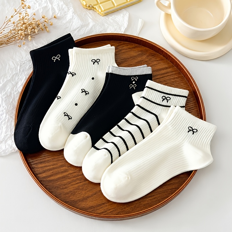 TEMU 5 Pairs Women's Short Socks, Elegant Sweet Appearance With Bows, Polka Dots, And Stripes, Ribbed Knit Breathable Socks, Suitable For Women'
