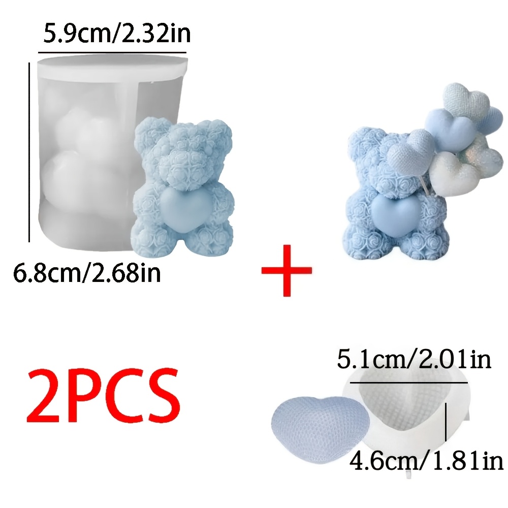E-shop SPMOLD 2 Stück Teddybär & Herz Kerzenform - Handgegossene Silikonwachsformen mit 3D Bär-Herz-Design für DIY Duftkerzen, Hochzeitsgeschenke,