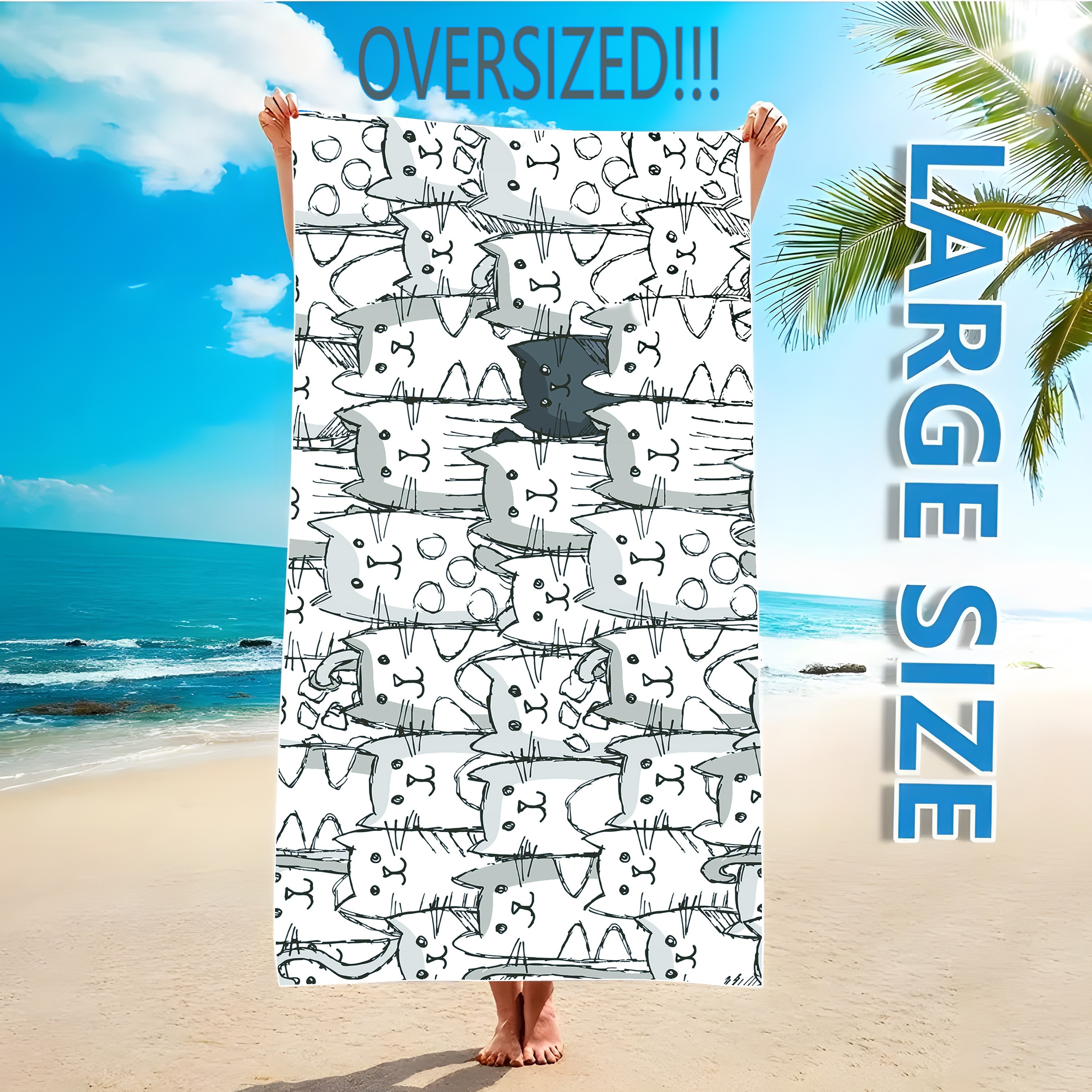 Sports Beach Towel with Cat Pattern, Quick Dry