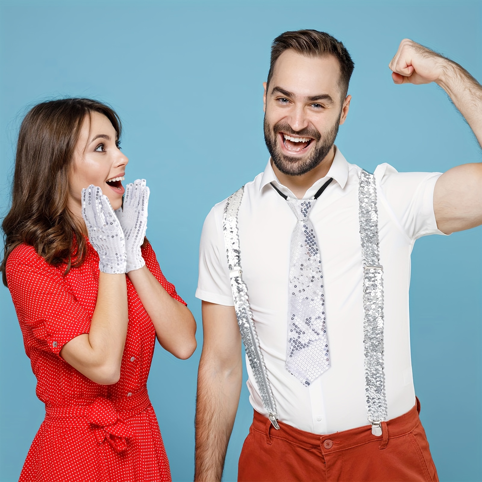 *'S Fashionable Glitter Sequin Accessories Alloy Costume Set with Bow  Tie, Braces, Gloves, and Hat for Fancy Dress Party Performance