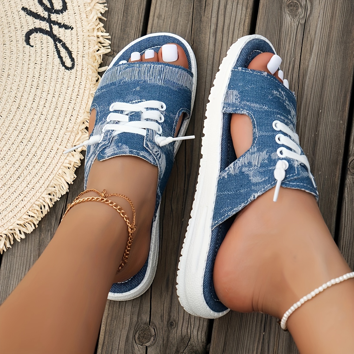 

Denim Canvas Sandals, Distressed Cut-out Style, Casual Summer Slip-on Slippers, Breathable Open Toe Footwear For Women