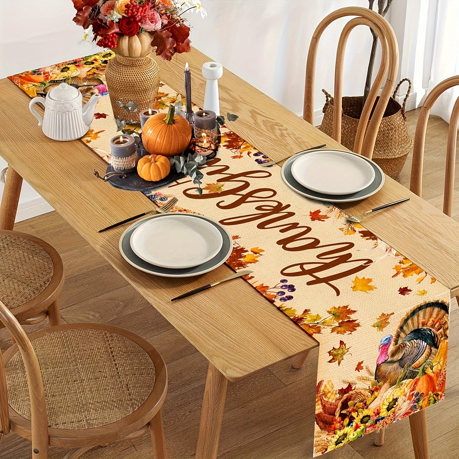 

Thanksgiving Turkey & Pumpkin Table Runner - Polyester, Indoor/ & Decor Thanksgiving Decorations