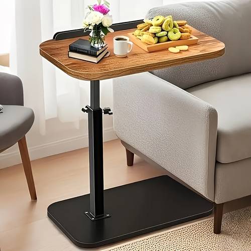 modern heavy duty adjustable height rotating c shaped side table with walnut veneer hdf top 4 wheel rolling storage cart space saving bed sofa table for living room office no