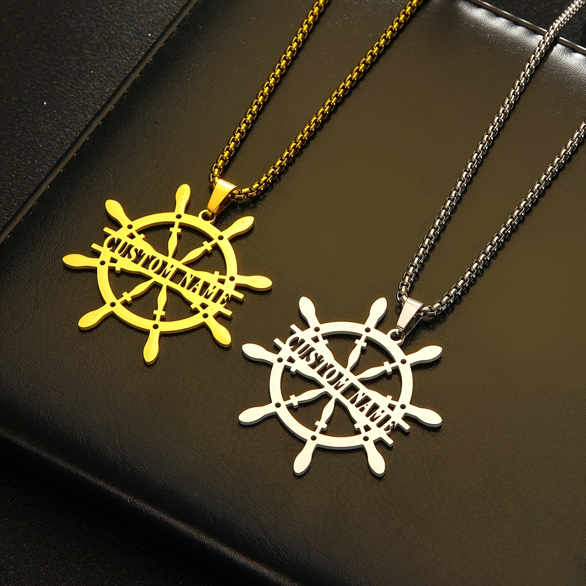 Personalized Stainless Steel Helm Wheel Pendant Necklace