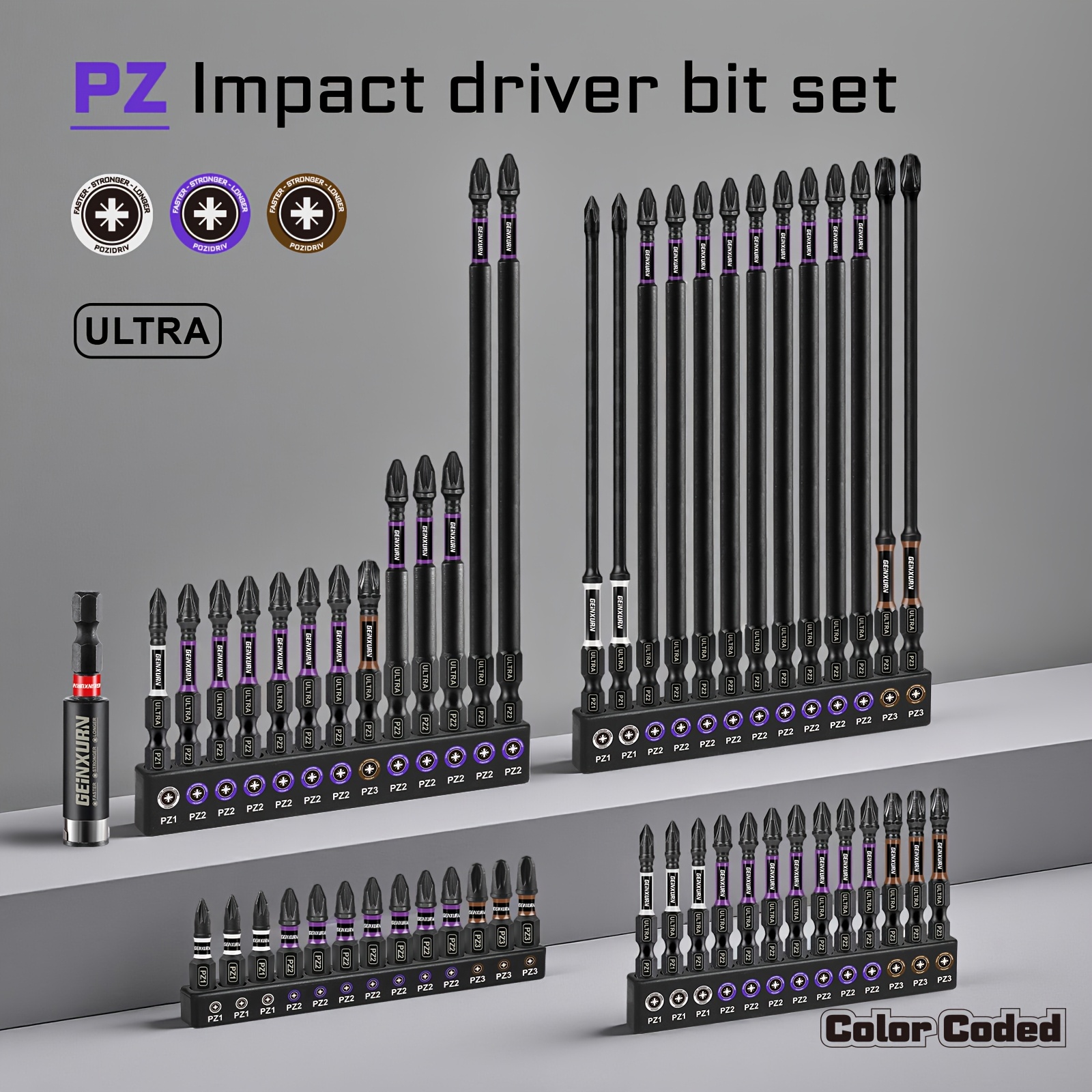 Image of Pz Impact Screwdriver Bit Set - 53pcs Bits Pz1/pz2/pz3, Magnetic Torque Screwdriver Bits 25-150mm, With Extension Bar, S2 Steel Material, 1/4 Inch Hex Shank, Suitable For Automotive Repair And Manual