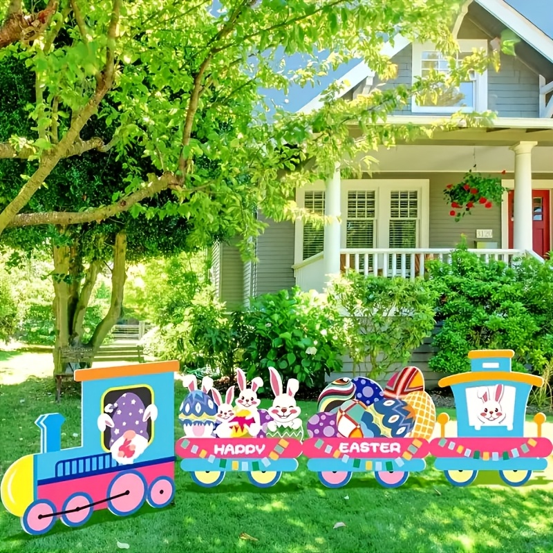 

4pcs Easter Train Bunny Easter Yard Sign Set - Plastic Rabbit Outdoor Decorations For Garden & Lawn - Supplies - Spring Celebrations & Holiday Decor