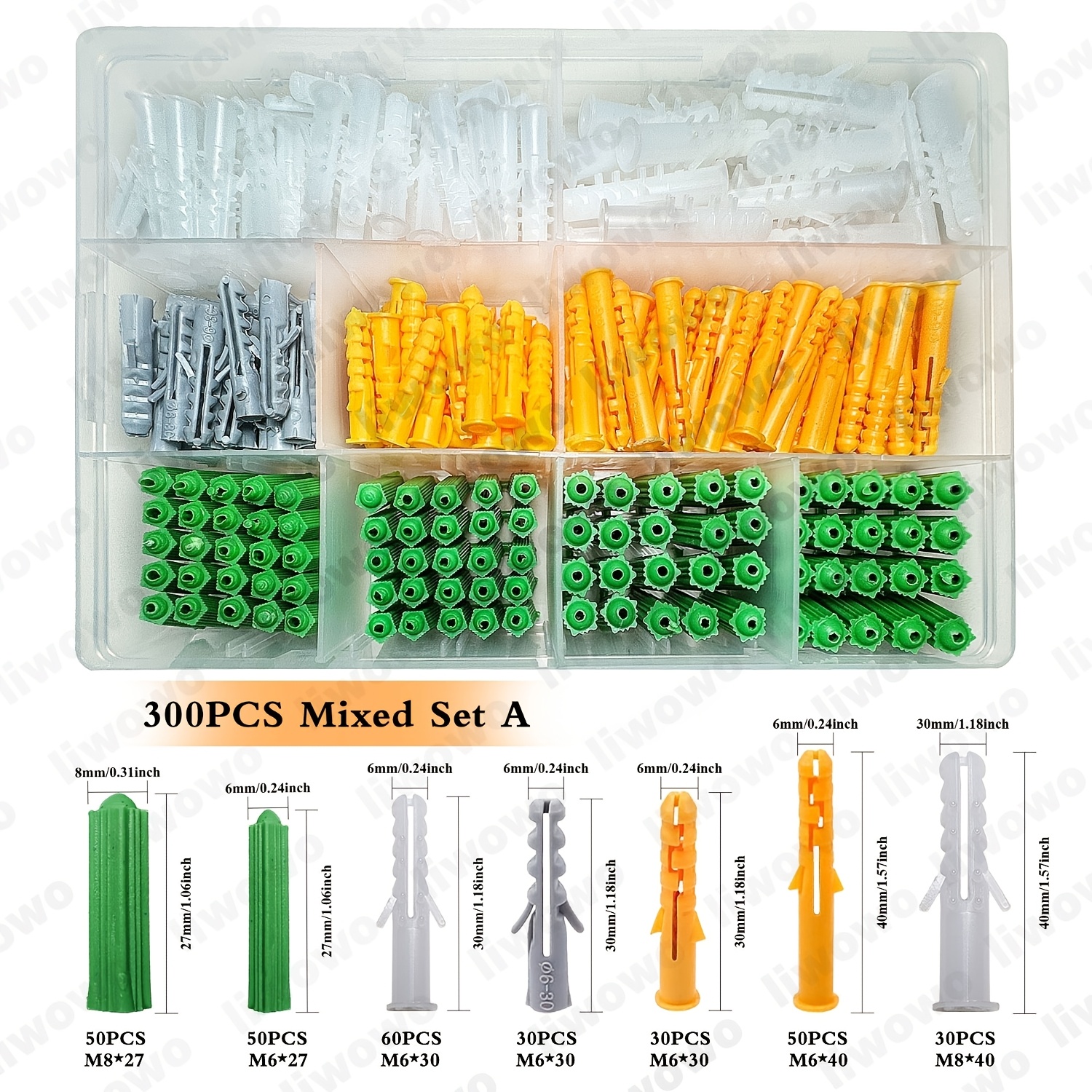 TEMU Plastic Anchor Sleeve Mixed Set, Multi-type Combination, Thickened And Durable, Including M6 X 27, M8 X 27, M6 X 30, M6 X 40, M8 X 40, Mixed