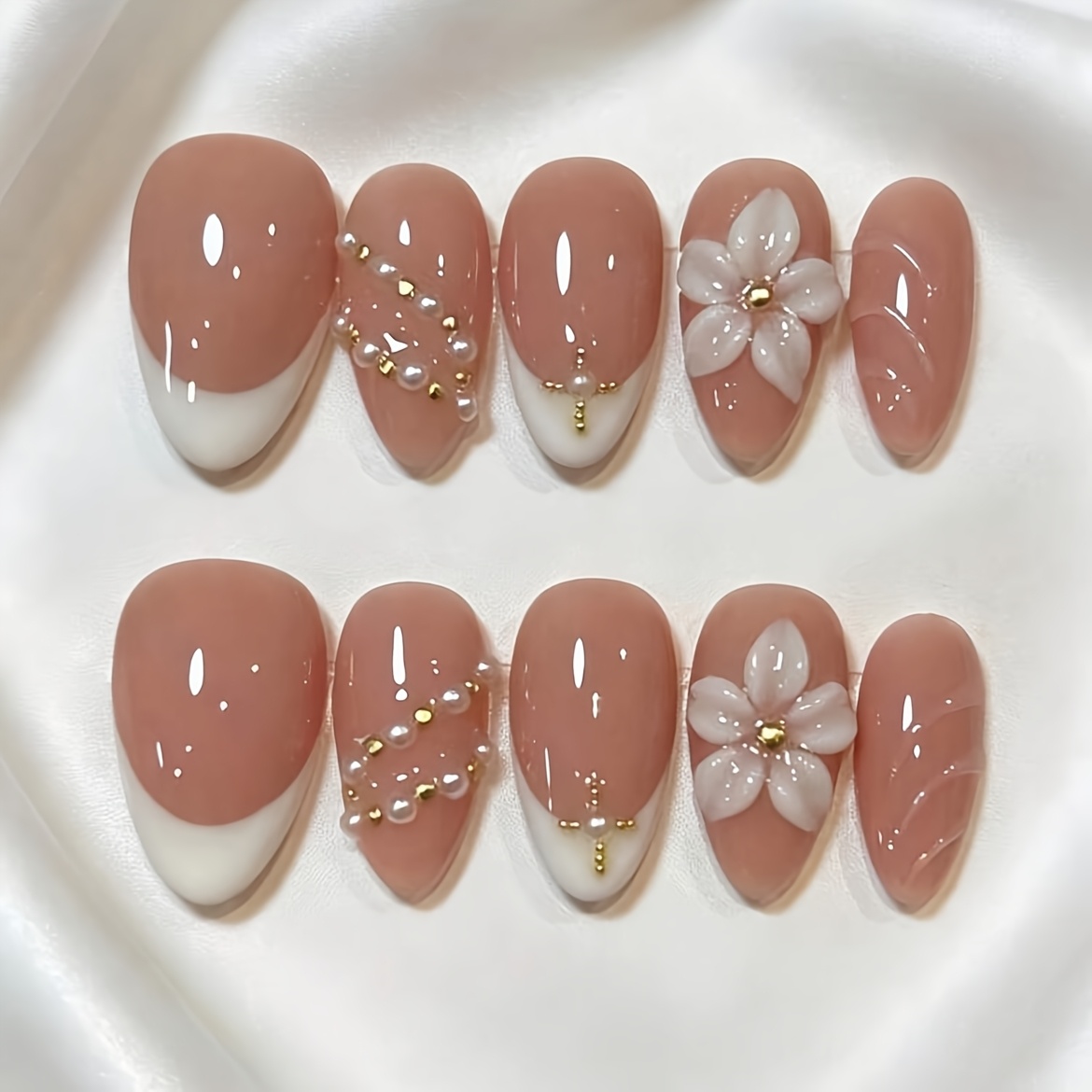 TEMU 10pcs Pure Handmade Wearable Nail Press-on Short Nails Hand-carved Almond Shape Gentle Nude French Acrylic Material Suitable For Summer Nail Art