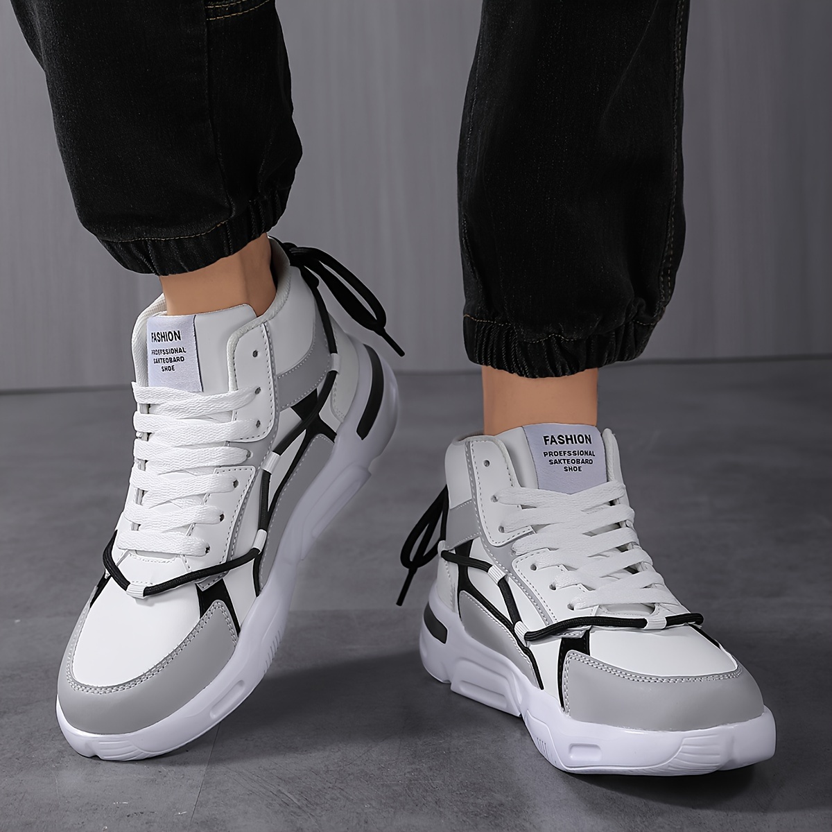 Men'S Front Strap Letter Pattern Contrast Color Double Shoelaces Fashion Design Outdoor Breathable High Top Casual Sneakers