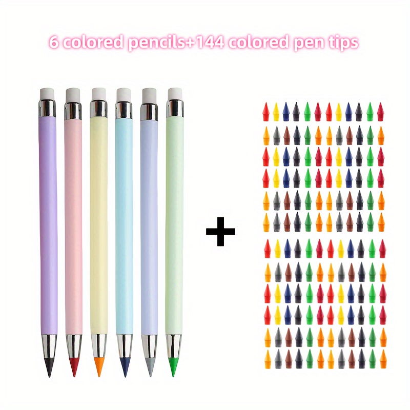 Image of 150pcs 6 Colored Pencils+144 Colored Pen Tips Hb Pencil With Eraser, To Sharpen, Durable And Not Easy To Break, Used For Sketching And Painting