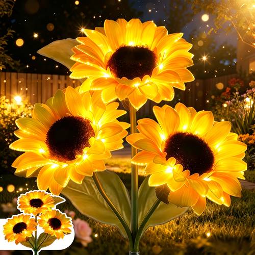 item picture 3 head sunflower solar led light suitable for holiday halloween christmas new year birthday anniversary mothers day decoration used in all types of homes gardens parks courtyards flower beds