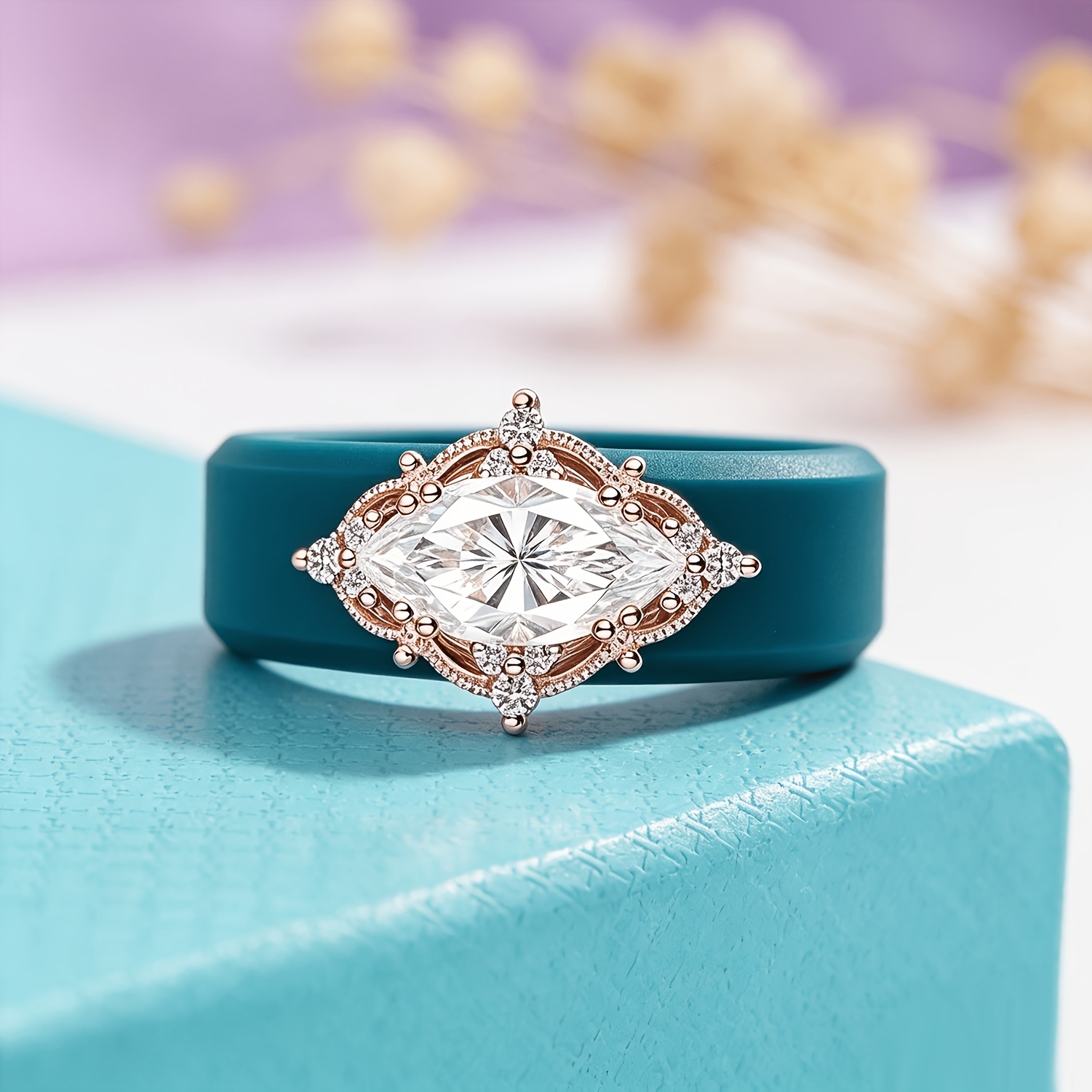 14K Gold-Plated Blue Silicone Ring, Elegant Couple's Vow Ring