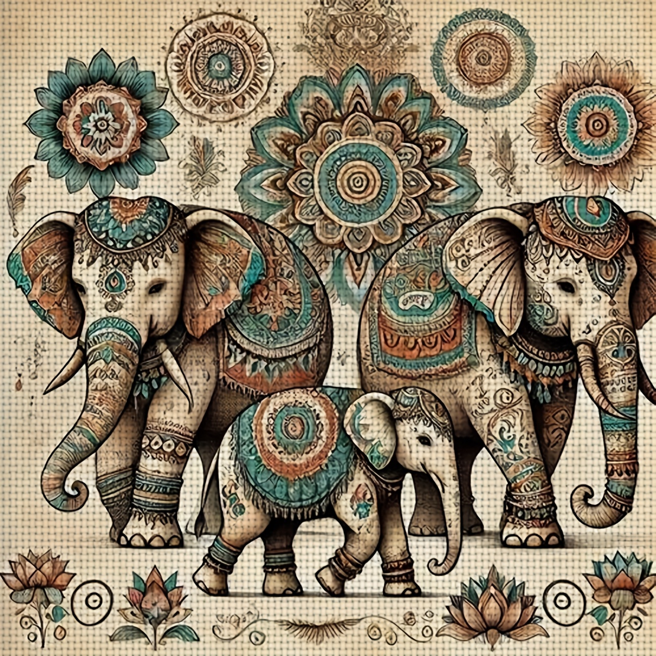 Printed DIY Cross Stitch Kit, Frameless, Gorgeous Decorated Three Elephants