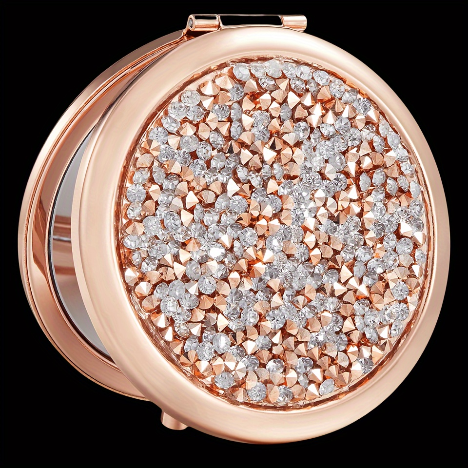 

1pc Luxury Rose Golden Compact Mirror With Sparkling Rhinestones - Dual-sided, Portable & Folding Makeup Mirror, Metal Frame, Ideal For Purses & Travel