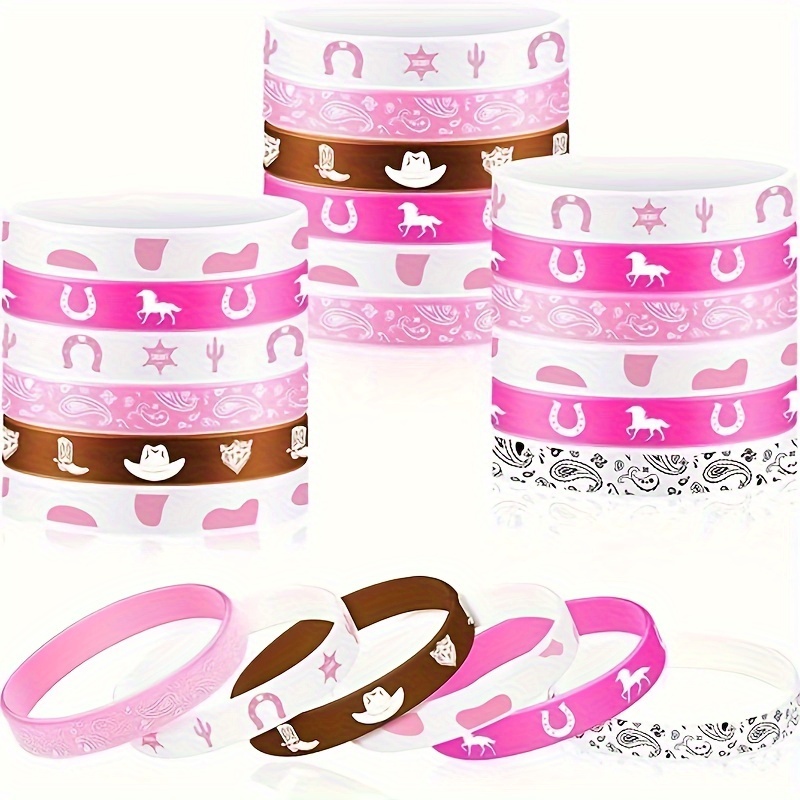 

12pcs Cowgirl Silicone Wristbands - Stretch Bracelets For Western Themed Parties, Birthdays & Events - 6 Unique Patterns