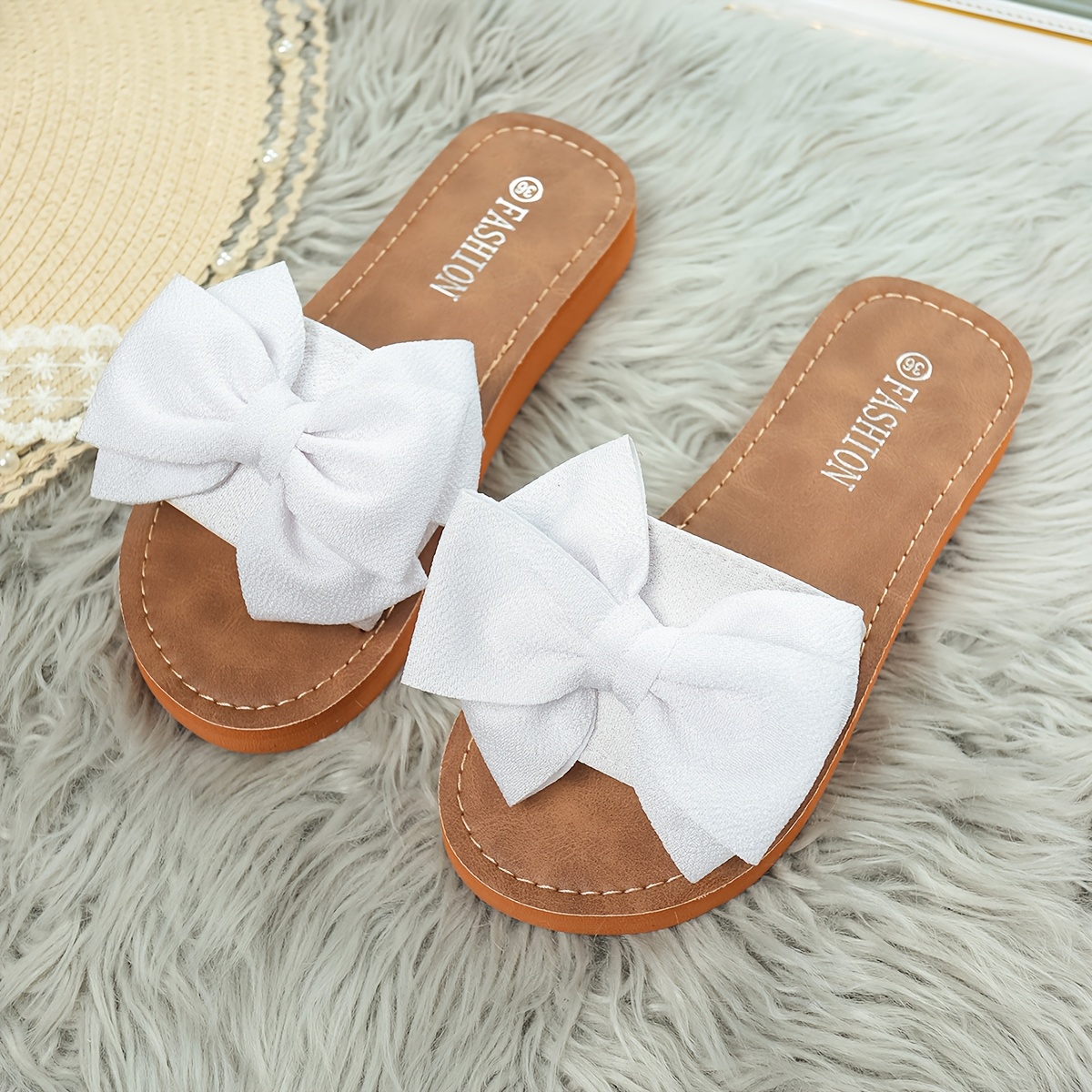 TEMU Summer Black Seaside Flat Casual Slippers For Women With Bow, Travel Upper, Fashionable Beach Slippers, New Camel-colored Daily Wedge Trendy