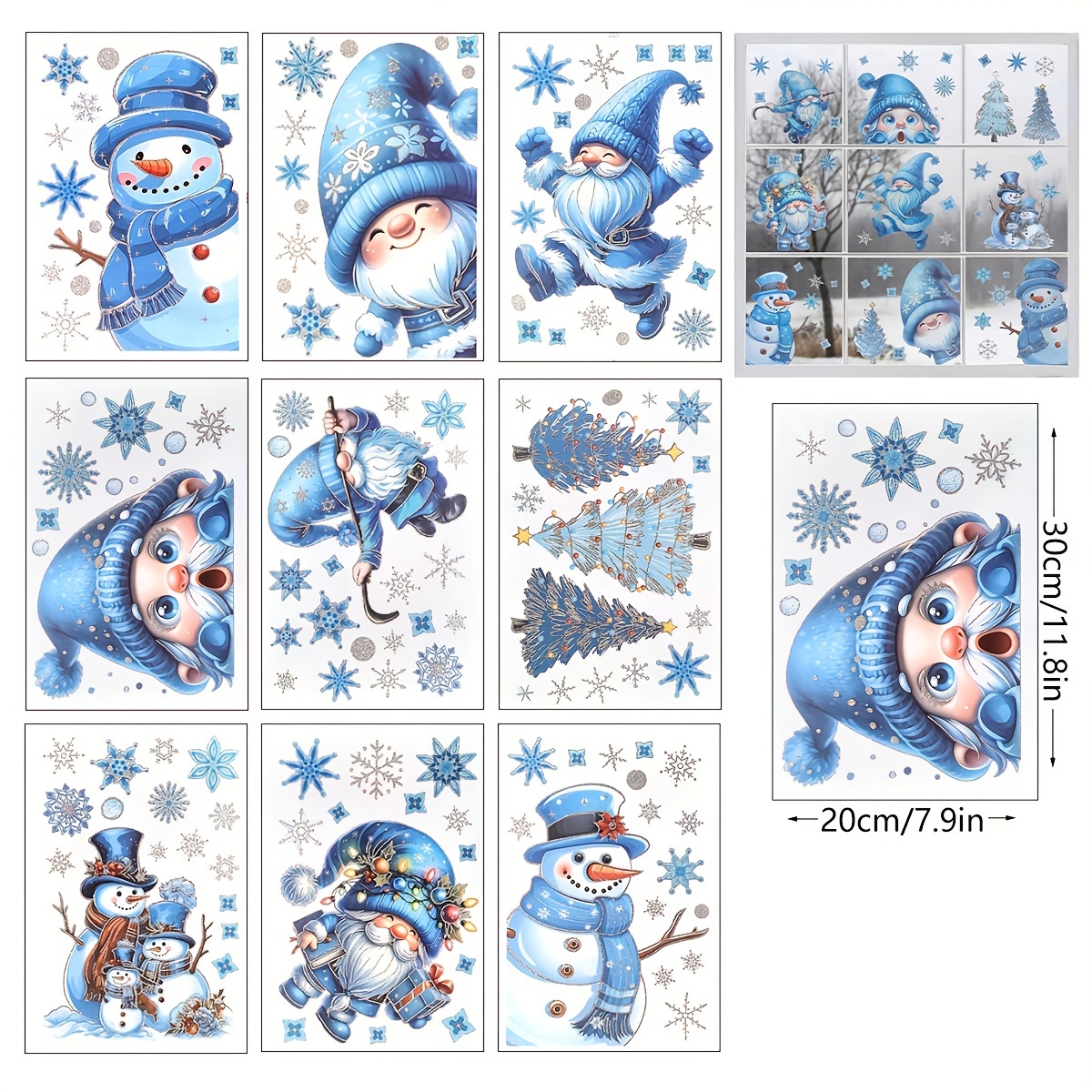 Set Of 9 Christmas Window Stickers Featuring Glittery Snowflakes, Snowmen, And Gnomes. Silver Snowflake Decals Are Perfect For Winter And Holiday Decorations, Ideal For Christmas Parties