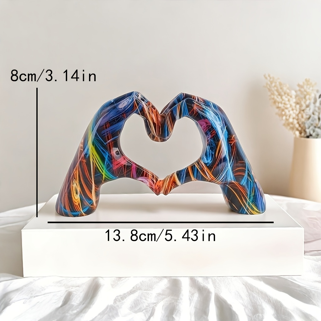 Image of 1pc Summer Abstract Resin Hand Heart Gesture Sculpture Colorful Marbled Texture Statue Indoor Outdoor Coffee Table Patio Desktop Decor Ornament