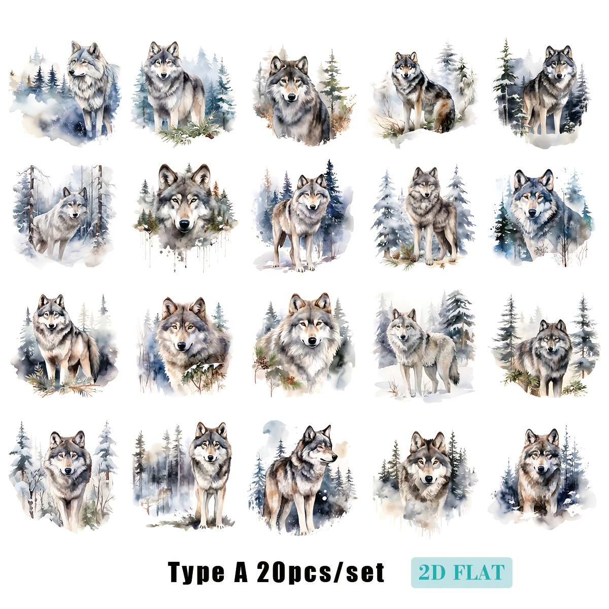 Image of 20pcs/set Handmade Creative Vintage Winter Jungle Wolf Series 2d Flat High Quality Stickers For Trash Journal Notebook Decoration Hand Account Diy Cutting Album Stickers, 2d Flat