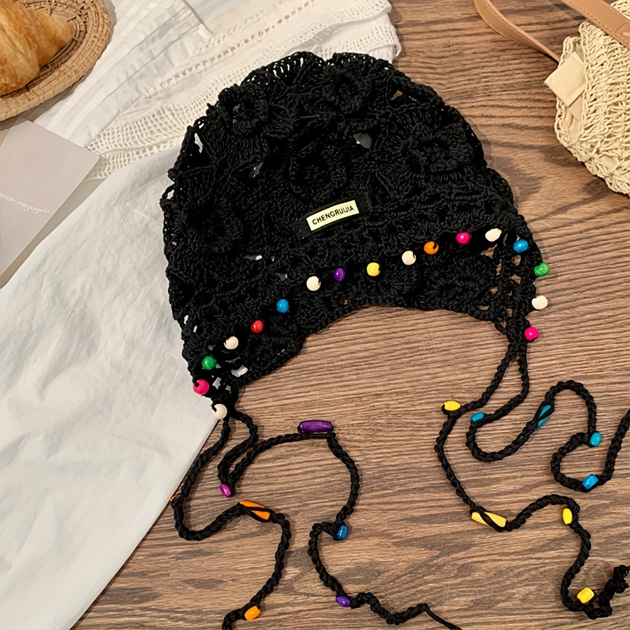 

Hand-knitted Vintage Hollow-out Cotton Hat With Fashion Flower Design And Ethnic Style Tassels For Women - Non-stretchable Cotton Craftsmanship Knit Cap