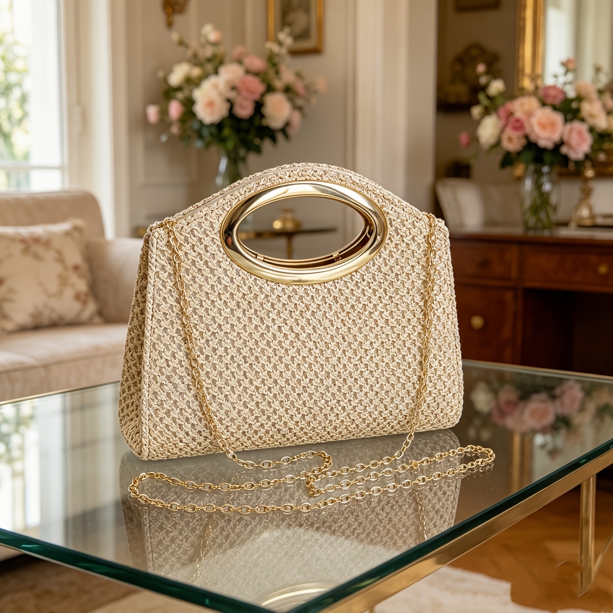 TEMU Pochette da donna 1 pz in paglia intrecciata a righe, borsa da sera con tracolla a catena lunga