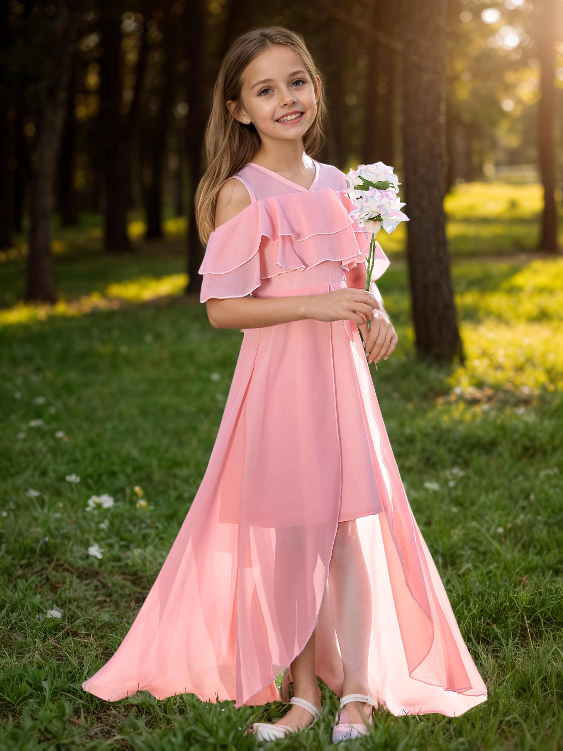 a girls chiffon shoulder dress a short front a long back a - Temu Mauritius