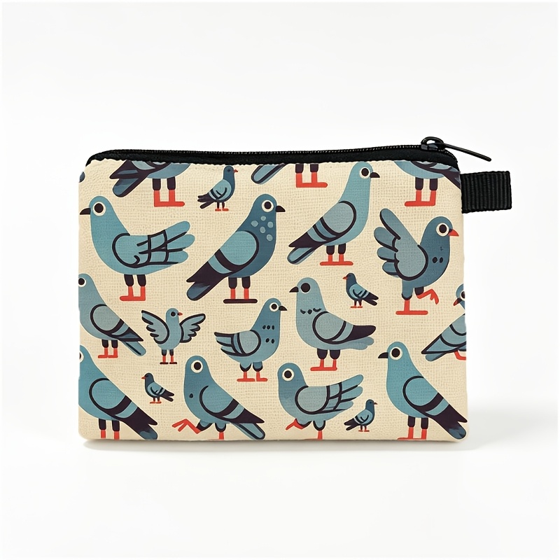 TEMU Pigeon-print Pattern Zipper Coin Purse, Mini Zippered Coin Pouch, Portable Earphone And Key Organizer, Artistic Bird Illustration Small Carry-on