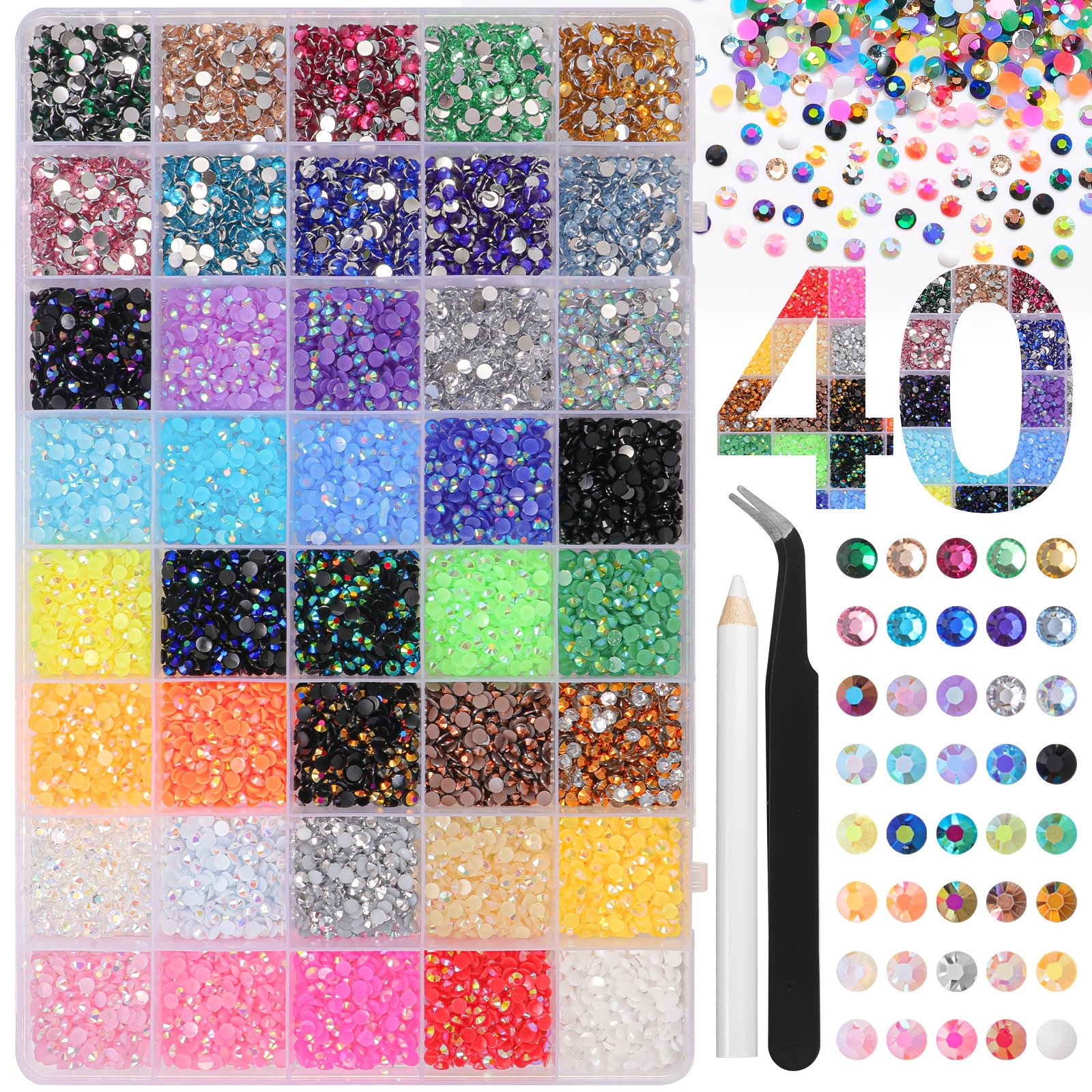 TEMU Kit de strass 40 couleurs 30000 pièces avec outils, strass en résine colorée 4 mm pour paillettes, pierres en résine à dos plat pour artisanat,