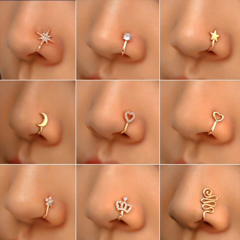 

9pcs Non Piercing Nose Clip Copper With Zirconia U Shape Crown Nose Ring Non Piercing Nose Jewellery No Piercing Required