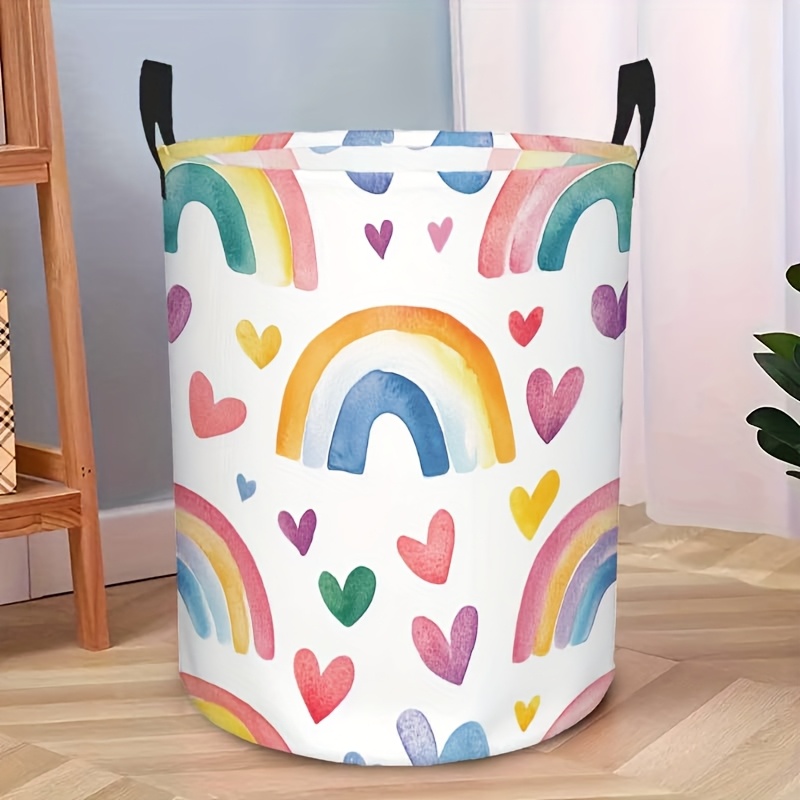 1pc Rainbow & Hearts Design S Laundry Basket - with Sturdy Handles, Country Style Organizer for Bedroom, Bathroom, Laundry Room Accessories, Bedroom Organizer
