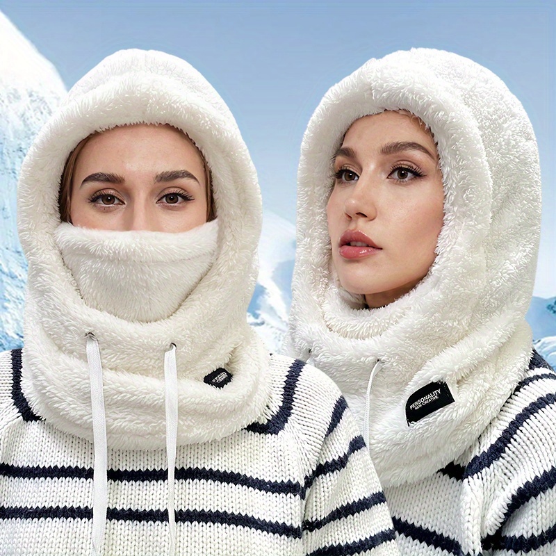 Women's Plush Winter Mask Hat & Scarf - One-Piece Face Cover with Adjustable Drawstring, Elastic Face for Skiing, Cycling, Outdoor Sports - Lightweight Warm Beige/White Hooded Neck Warmer (Hand Wash Only)