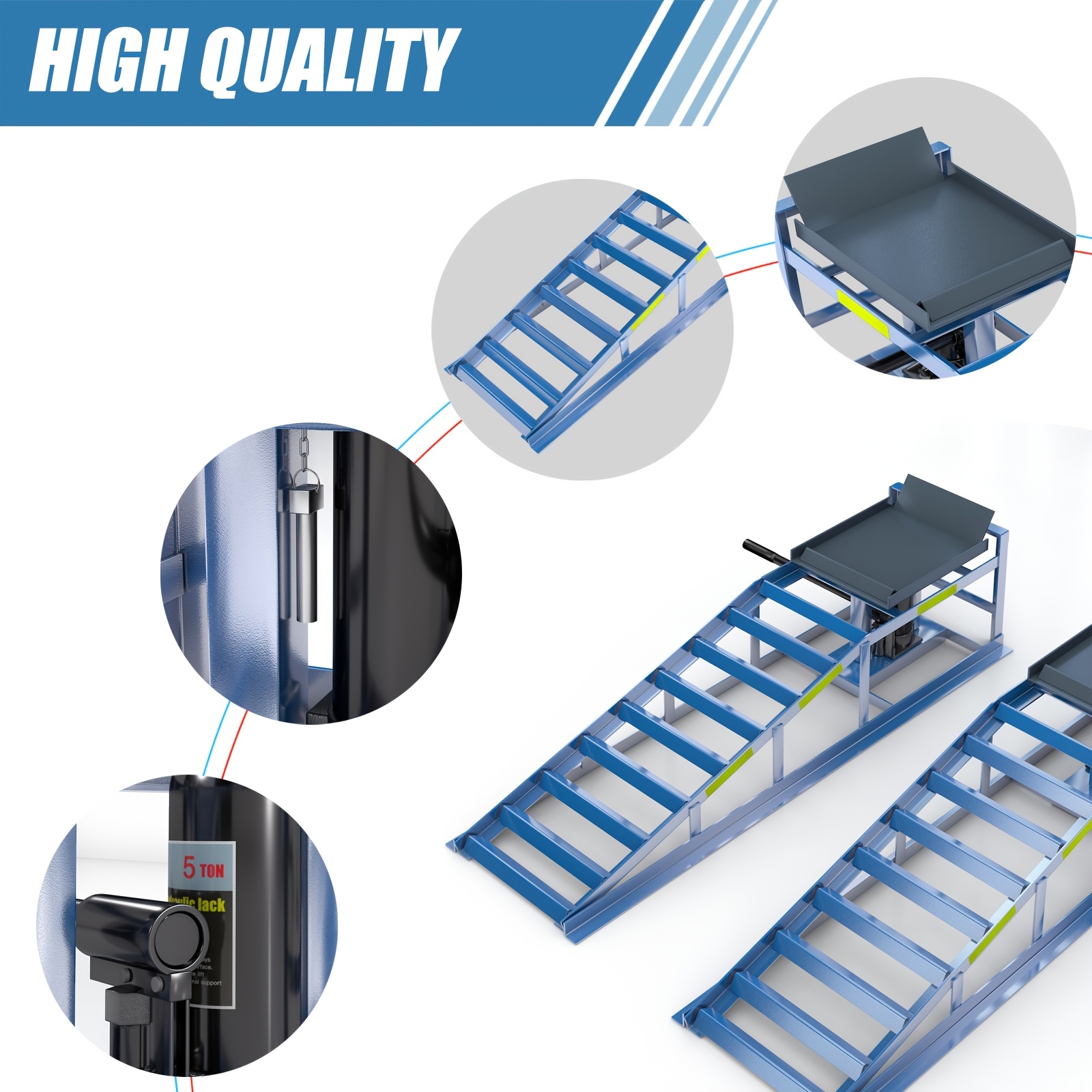 TEMU 2pcs Car Ramp, Car Ramp, 5t Hydraulic Jack, Car Hydraulic Ramp With Night Warning Reflective Sticker, Lifting Height Range Of 9.8 "-15", Can The Maintenance Needs Of Vehicles. Blue