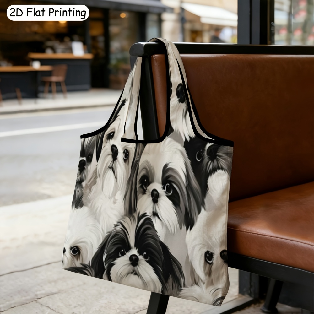 TEMU 2d Flat Printing, 1pc Portable Shopping Bag, Unisex Tote Bag With Shih Tzu Cute Pattern Shoulder Bag, Tote Bag, Daily Items Storage Bag,