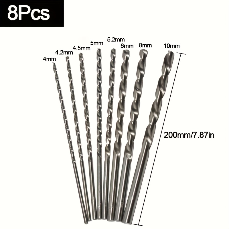 8pcs/set Extra Long 200mm Twist Drill Bit Set - Straight Shank For Wood,,, Plastic & Jewelry