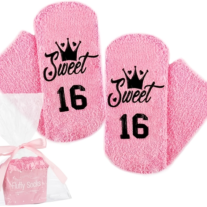 TEMU Pink Birthday Cake Fluffy Socks 13 16 18 Year Old, Cute Fuzzy Home Bed Socks With Cupcake Packaging, Comfortable Casual Socks, Ideal Birthday